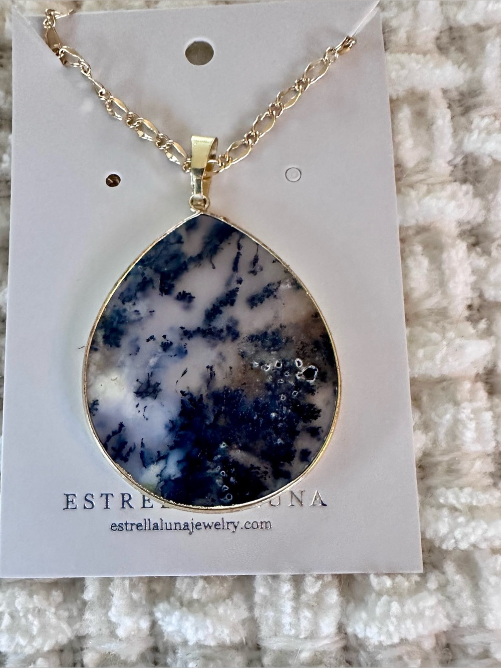 Estrella & Luna Teardrop Dendritic Agate Necklace - Black & White on Gold